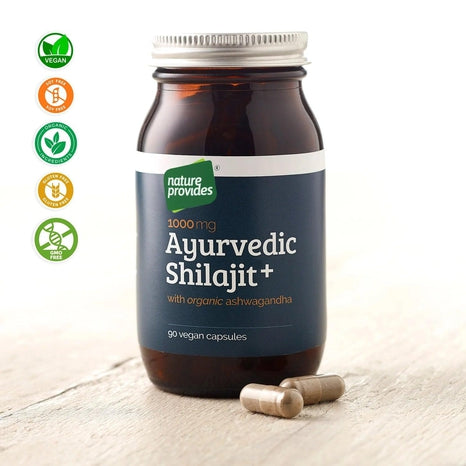 Ayurvedic Shilajit och organisk Ashwagandha-rot (1000 mg), 90 vegankapslar-Ayurveda-Nature Provides-Equmedic